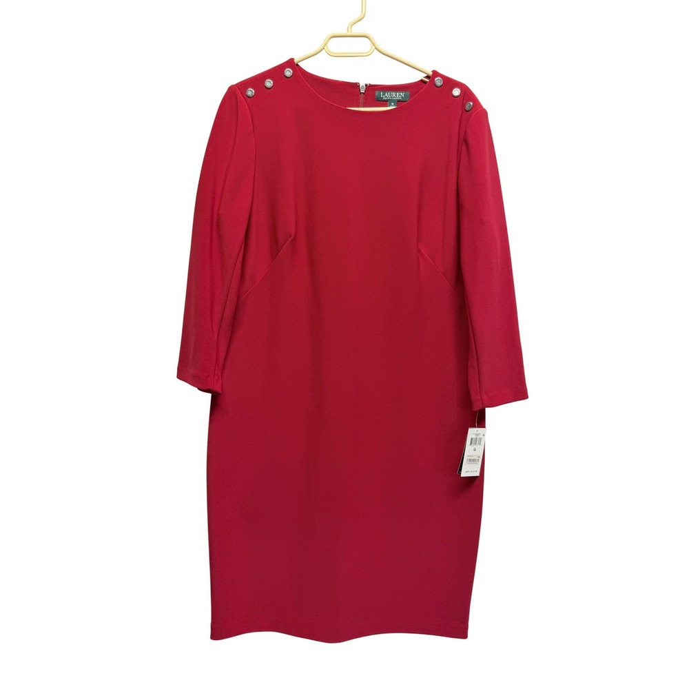 NWT Lauren Ralph Lauren Sheath Dress Button Shoulder 16 Red Women